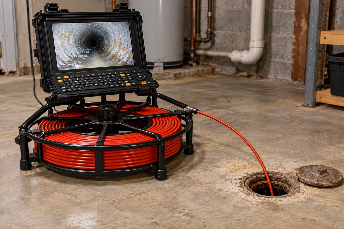 A sewer camera with a 10-inch monitor, integrated controls, red reel, and black frame