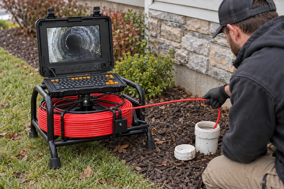 A 10-inch sewer camera control unit showing a pipe interior