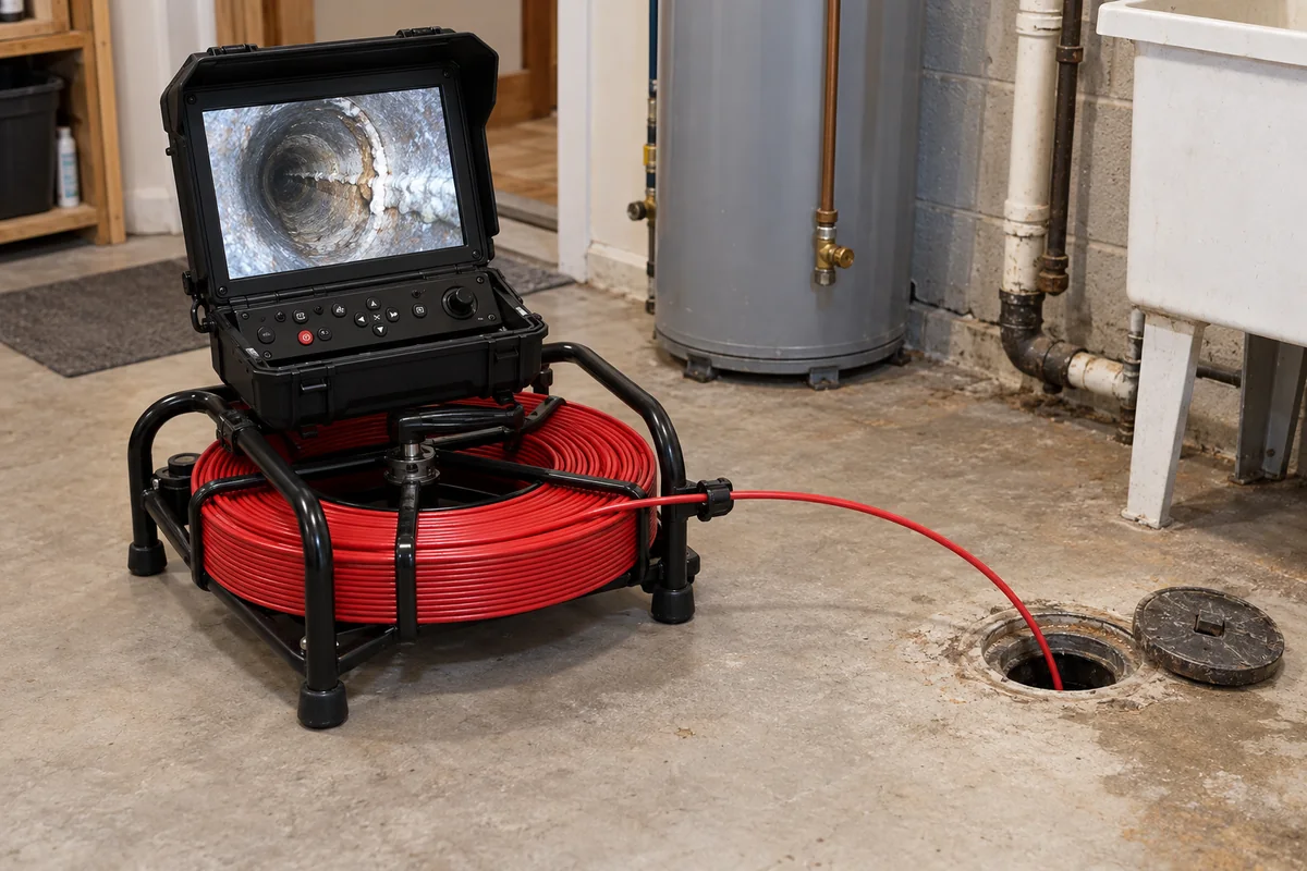 A sewer inspection monitor showing a distinct lateral connection in a pipe