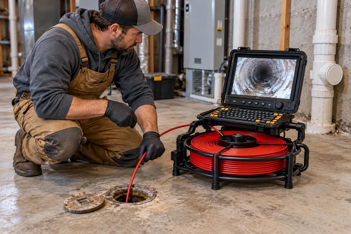 A technician operating a red-reel sewer camera with integrated monitor