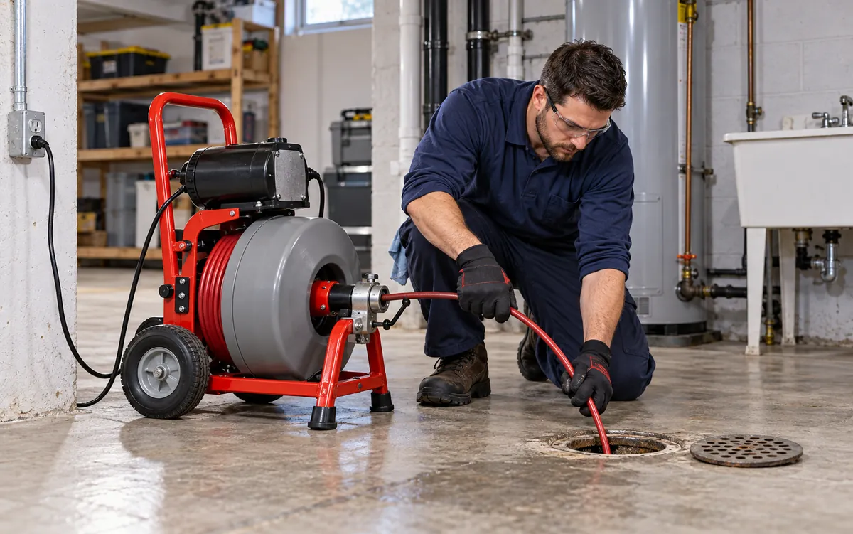 An electric drain machine feeding a cable into a cleanout