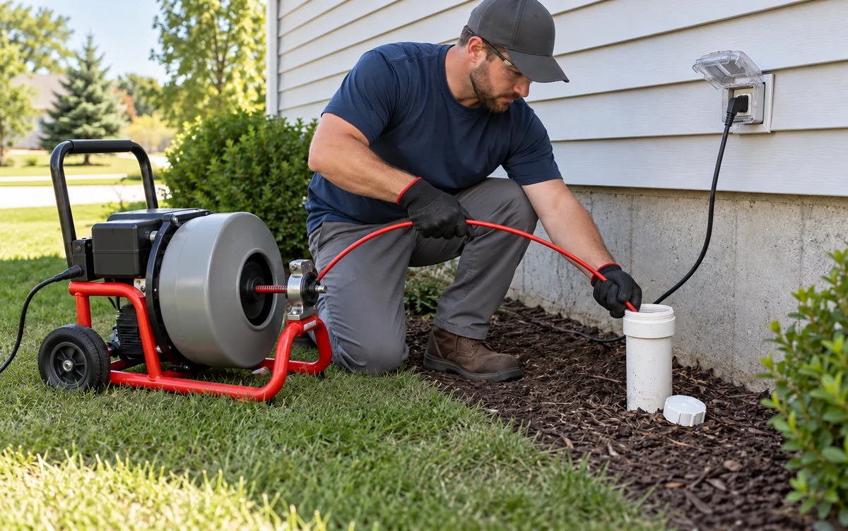 A plumber using an electric drain auger outside a home
