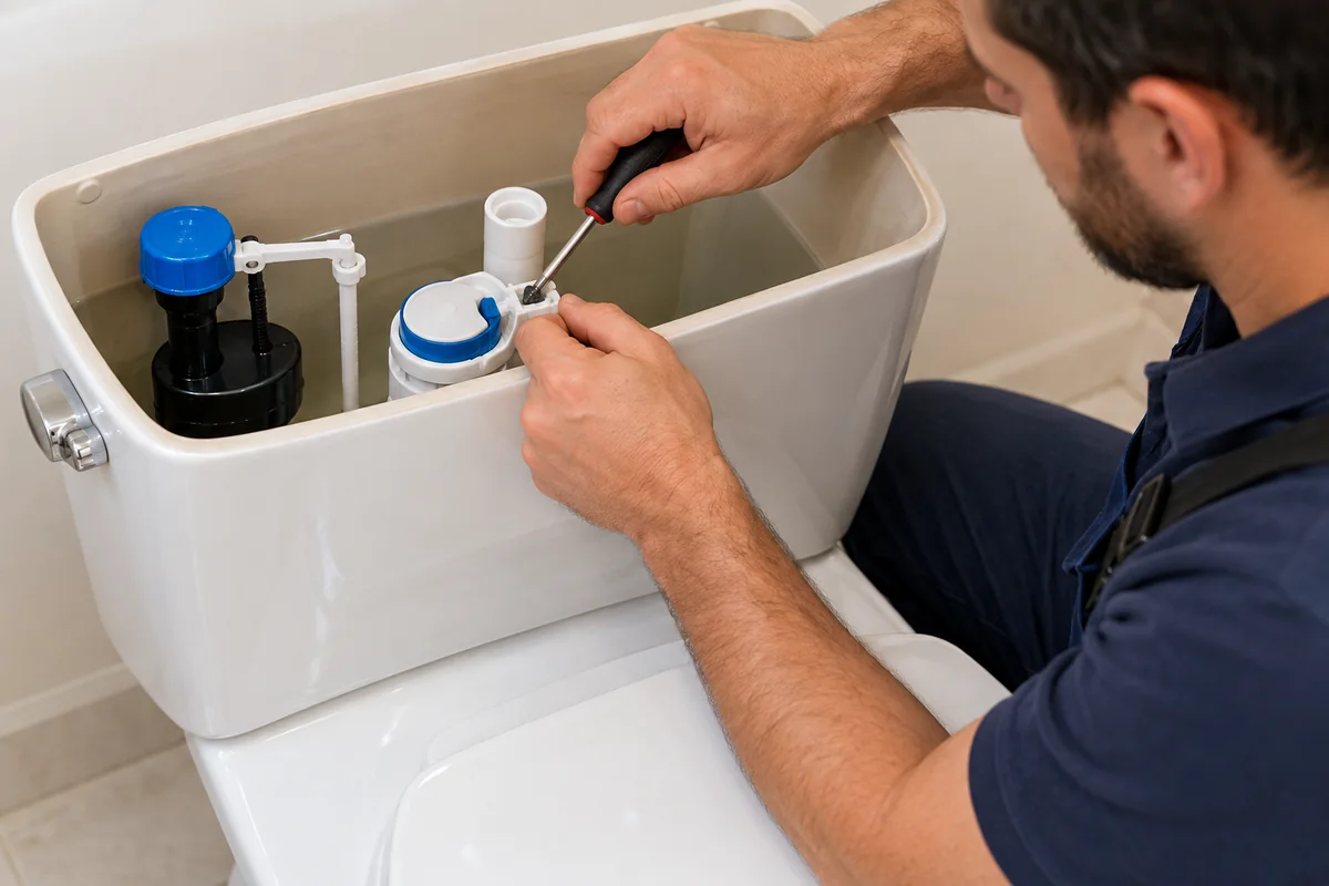 A plumber inspecting the toilet tank mechanism without an exposed wall supply hose
