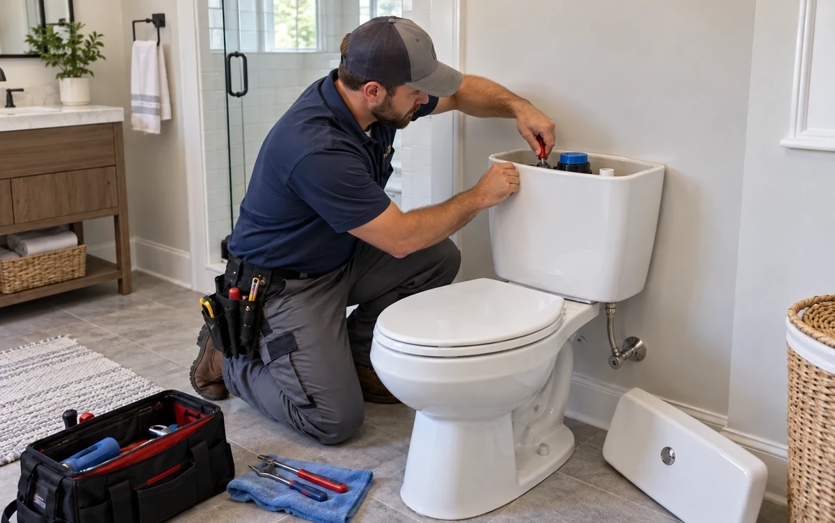 A plumber inspecting the toilet tank and fill valve