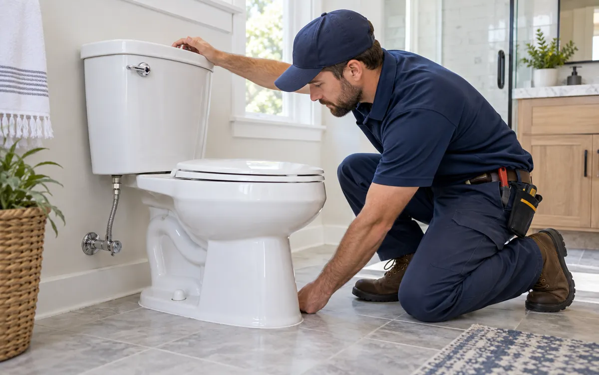 A plumber checking a toilet for leaks after service